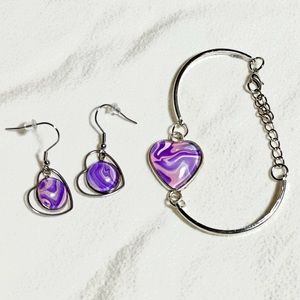 Acrylic Pour Purple Pink Heart Silver Dangle Earrings and heart bracelet Set